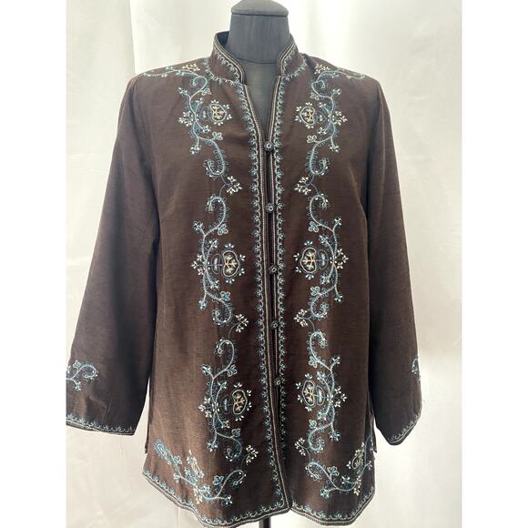 Silk Land Woman Brown Blue Beige Button Front Blazer Size 2x - Picture 1 of 11